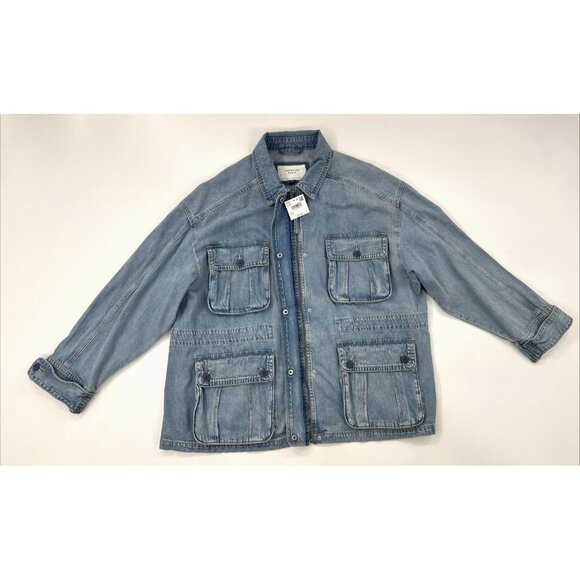American Eagle Denim Chore Jacket Womens 2XL Blue Jean Distressed Zip Button NEW - Picture 1 of 14